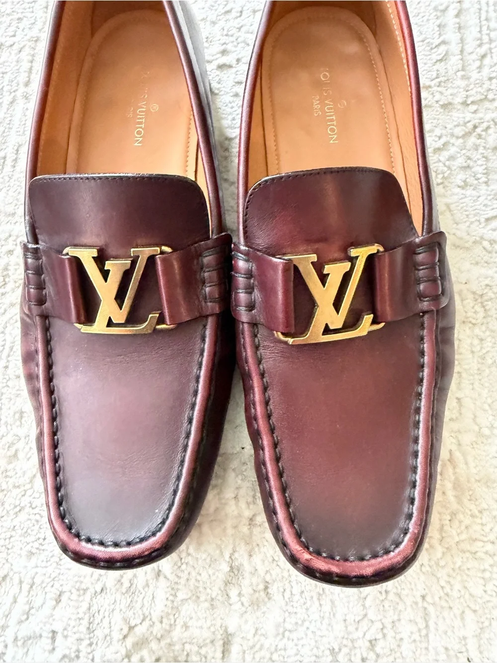 Louis Vuitton Men’s Burgundy Leather LV Moccasin Loafers